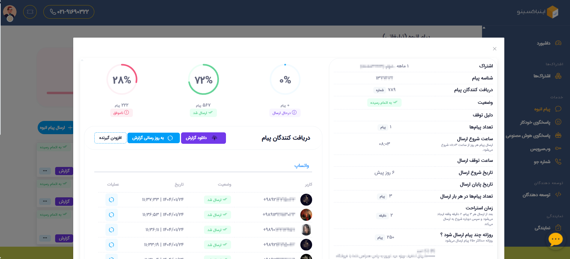 گزارش پیشرفته ارسال پیام انبوه در واتساپ