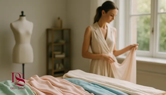 چه پارچههایی برای لباس مجلسی تابستانی پیشنهاد میشود؟ انتخابی خنک و لاکچری نمای افقی از فضای لوکس مزون طراحی لباس با میز بزرگ پر از پارچههای تابستانی خاص مانند شیفون، لینن و ابریشم در رنگهای پاستلی، در کنار ابزار طراحی و طراح زن در پسزمینهنمای افقی از فضای لوکس مزون طراحی لباس با میز بزرگ پر از پارچههای تابستانی خاص مانند شیفون، لینن و ابریشم در رنگهای پاستلی، در کنار ابزار طراحی و طراح زن در پسزمینه